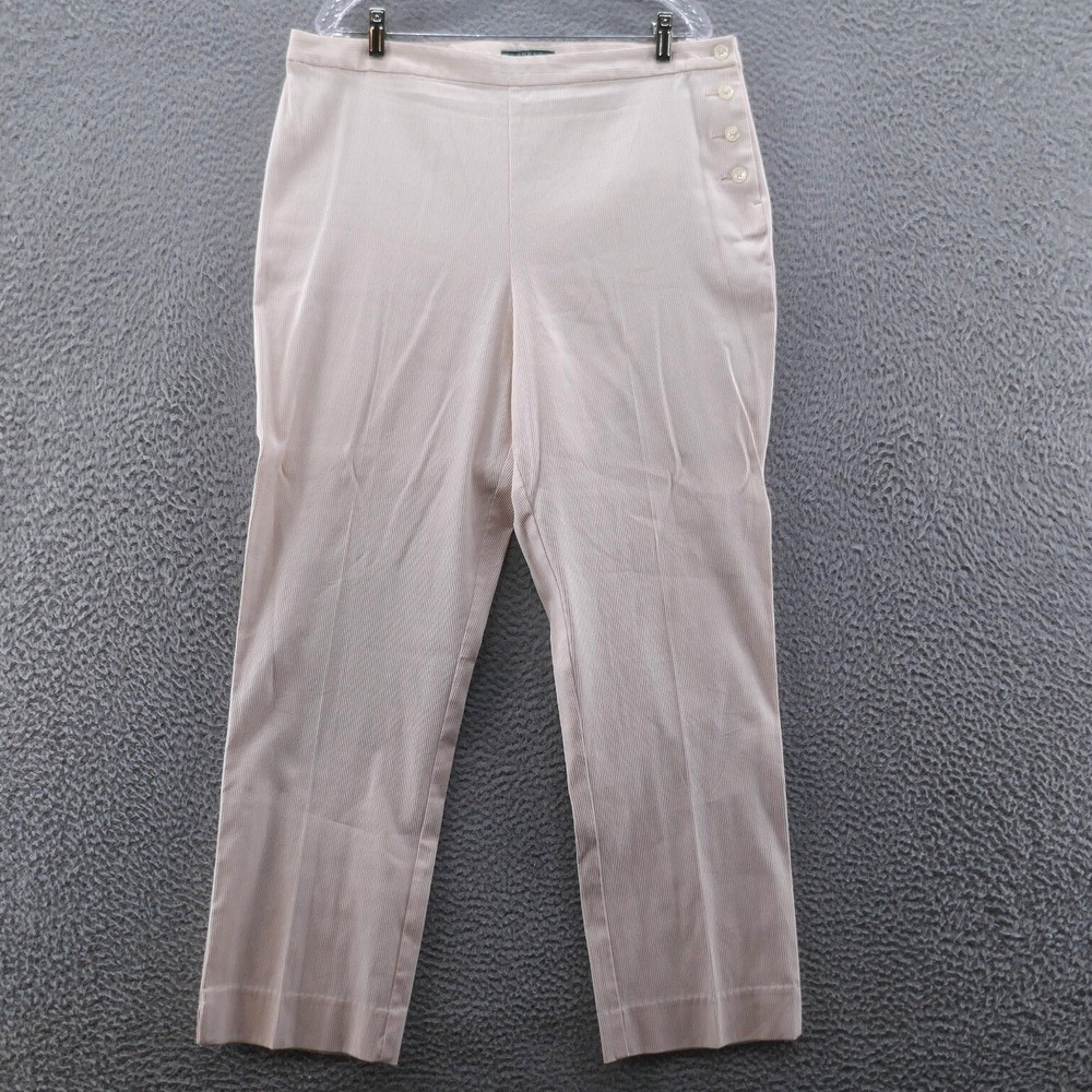 Lauren Ralph Lauren Womens Straight Pants Size 16 Pink White Striped Side Button